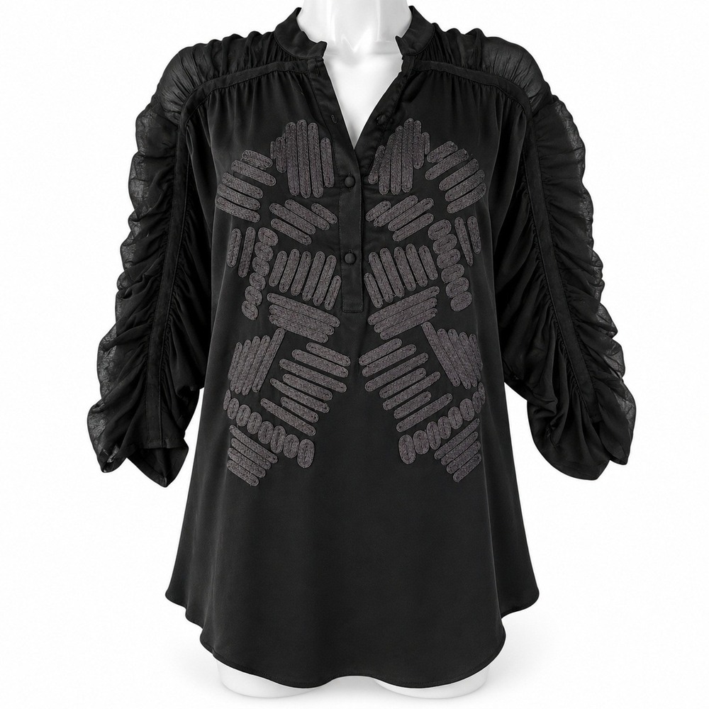 Sachin + Babi Ankasa 100% Silk Blouse Womens M Black Embroidered Ruched Sleeve